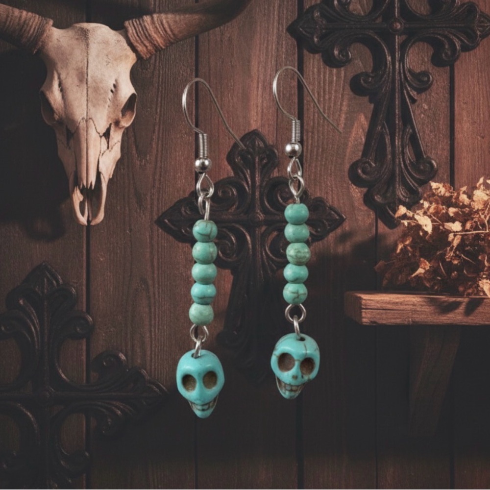 Turquoise Skull & Bead Dangle Earrings Day Of The Dead Muertos Southwestern NEW